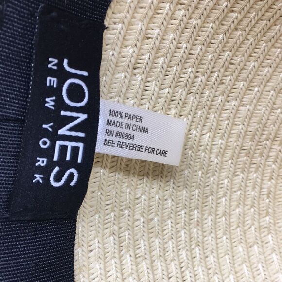 Jones New York floppy straw sun hat with blue and white twilly ribbon OSFA - Picture 10 of 14